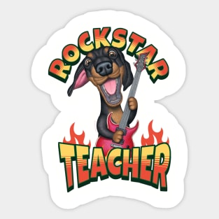 Cute Doxie Dog on a Rockstar Teacher Dachshund tee Sticker